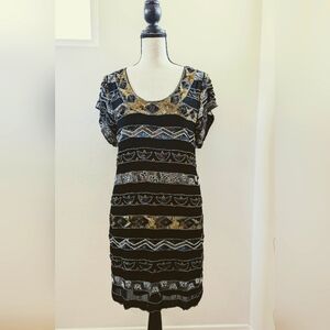 French Connection beaded sequin shift dress. Size 2. Black with gold/silver